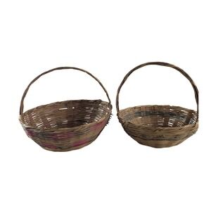 Set of 2 Vintage Woven Bamboo Wicker Easter Baskets 14 inch Mexico Pink Green